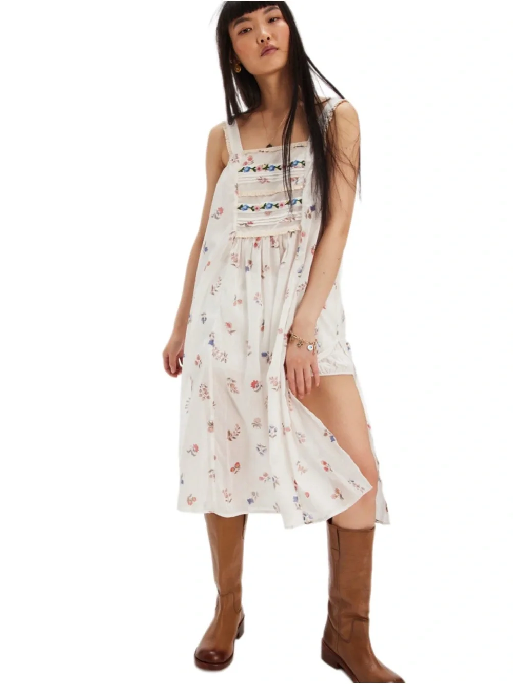 Free People White The Way Back Floral Print Maxi Top /Dress Cotton Embroidery XS